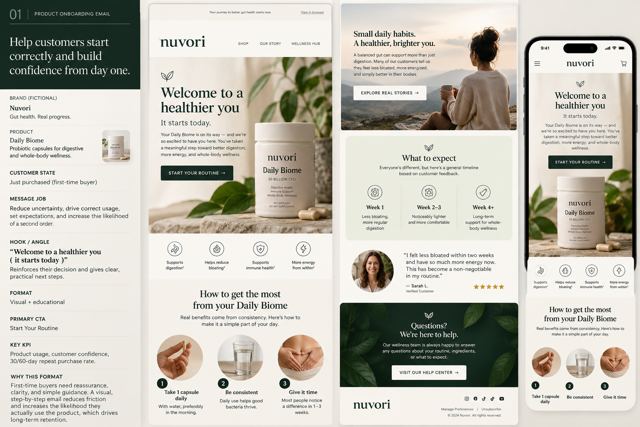 Nuvori onboarding email shown on desktop and mobile