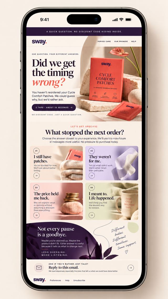 Sway win-back email on mobile